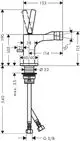 Einhebel-Bidetmischer von AXOR mit Zugstangen-Ablaufgarnitur, in einer gebürsteten Bronze-Oberfläche, dargestellt in technischen Zeichnungen mit Dimensionen und Anschlüssen.